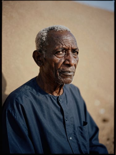 Moody editorial portrait of a Somali elder in soft side-shadow, warm sand tones, dramatic natural light, 35mm film grain