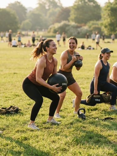 A group of women laughing during an outdoor fitness class in a park with medicine balls and weights.