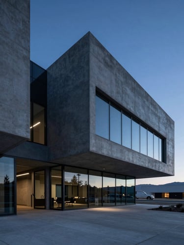 Sleek architectural photography of a modern concrete venture office in St George Utah, cool blue-hour twilight lighting, deep charcoal and horizon blue tones, wide-angle cinematic lens.