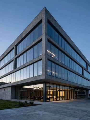 Wide-angle architectural shot of a modern concrete venture office in St George, cool blue-hour twilight lighting, sharp geometric lines, sky reflection on glass.