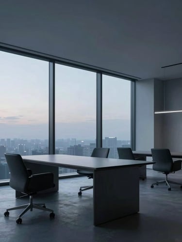 Sleek collaborative workspace with minimalist charcoal furniture, sharp architectural lines, soft mist gray tones, cool morning light coming through large windows.