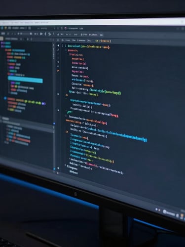 Extreme close-up of a high-end workspace setup, sleek ultra-wide monitor displaying dark mode code, moody blue rim lighting, sharp contrast, premium minimalist aesthetic