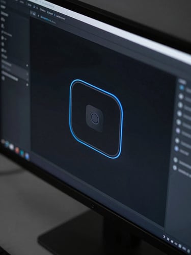 Sleek close-up of a digital interface on a high-end monitor, moody dark-mode tech photography, sharp blue rim lighting, high contrast deep shadows, macro lens
