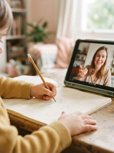 Warm editorial photo of a child's hands holding a wooden pencil, writing on a sketchpad beside a tablet showing a friendly tutor, soft natural daylight, 35mm