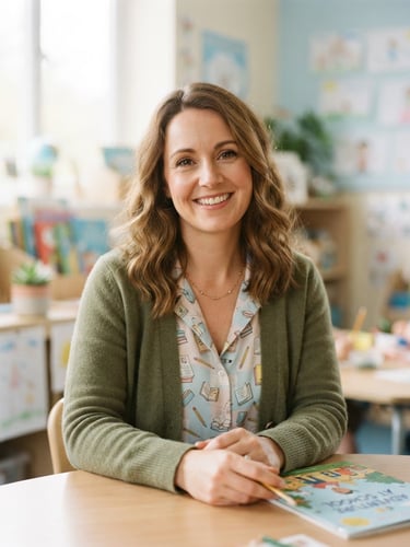 Warm, smiling portrait of a professional primary school tutor looking directly at the camera, soft natural daylight, gentle pastel tones, shallow depth of field, 35mm