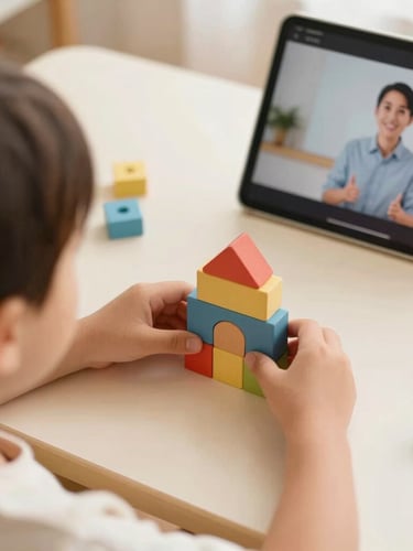 Over-the-shoulder warm editorial shot of a child's hands placing colourful wooden math blocks on a cream desk next to a tablet showing a friendly tutor, soft natural daylight, 35mm.