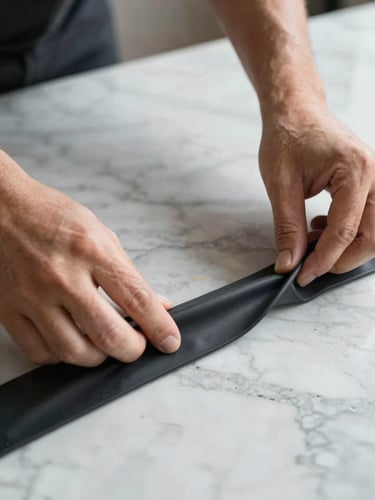 Portrait framing, clean interior lighting. Hands applying thick, heavy-duty rubber edge protectors to a polished marble tabletop, high contrast, sharp details.