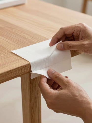Close-up shot of hands applying heavy-duty edge protectors to a wooden furniture piece, bright interior lighting, high-contrast detailing of the protective wrapping material.