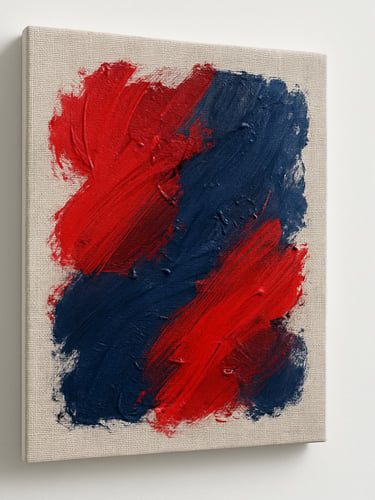 Close-up of rich, textured red and deep blue paint strokes on a heavy linen canvas, bright natural gallery lighting, 35mm