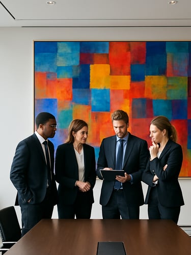 Architectural wide shot of a modern corporate boardroom, a team of executives standing in front of a giant vibrant multi-layered abstract painting, collaborating with intense focus, bright daylight