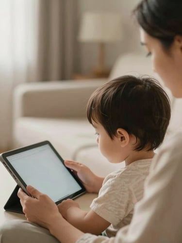 Over-the-shoulder view of a mother gently guiding her child on a tablet, soft warm morning light filling a calm domestic room, muted earth tones, shallow depth of field