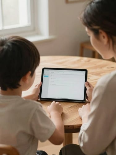 Over-the-shoulder shot of a mother and her young son sitting together at a wooden table, looking at a tablet screen with a calm, simplified interface, warm morning light filtering through a window, muted earth tones.