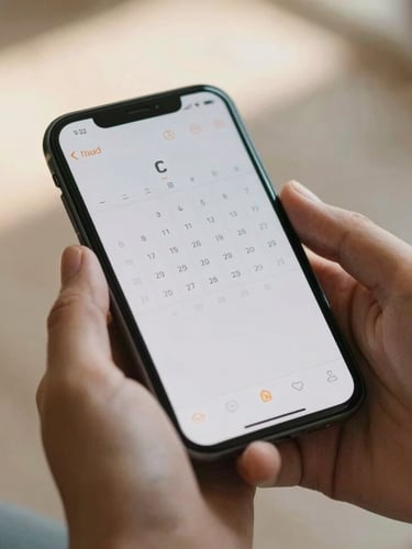 Close-up on hands holding a mobile device displaying a simplified, high-contrast calendar interface, warm afternoon light, soft focus.