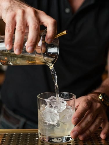 Candid, close-up shot of a bartender's hands pouring a cocktail over clear ice, warm brass accents, moody lighting, motion blur