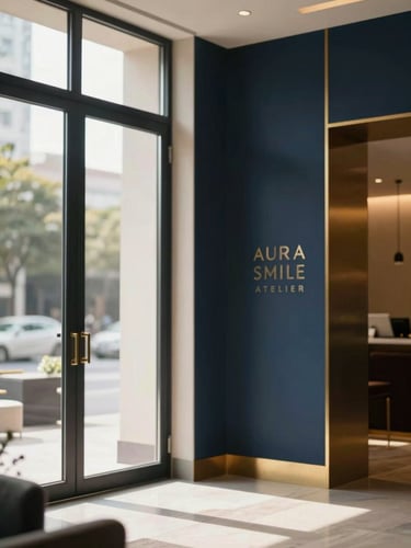 Serene architectural shot of Aura Smile Atelier lobby, warm editorial photography, soft natural window light, deep navy and gold accents, shallow depth of field, 85mm