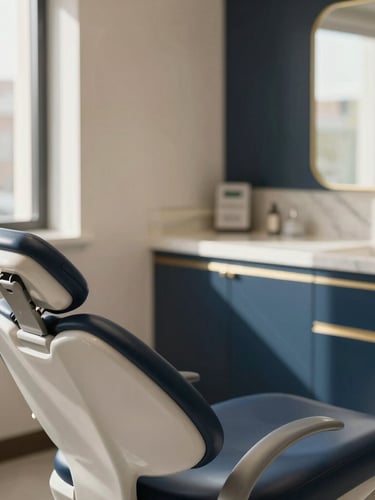 Warm editorial photography of a serene, architectural luxury dental suite in Brickell, soft natural window light casting gentle shadows on cream marble surfaces, deep navy accents, shallow depth of field, 85mm