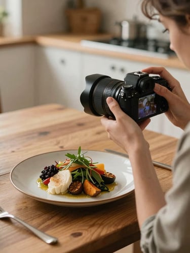A close-up over-the-shoulder shot of a photographer adjusting a camera lens in a rustic, sunlit kitchen, capturing a beautifully plated seasonal dish on a wooden table, soft natural daylight, warm earthy tones.