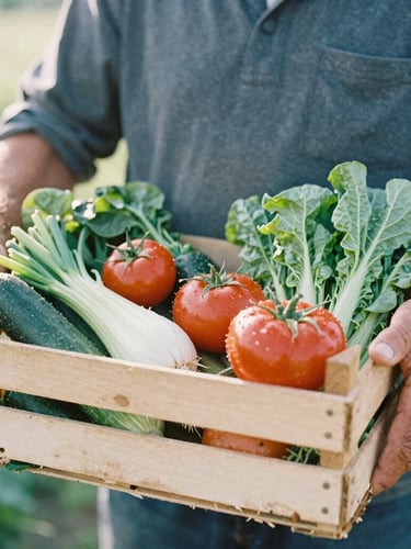 A local farmer with weathered hands holding a wooden crate overflowing with fresh, vibrant seasonal vegetables, soft natural morning light, shallow depth of field, 35mm film aesthetic.