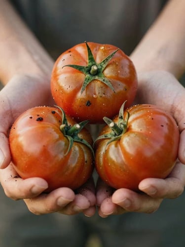 Close-up macro shot of hands holding freshly harvested heirloom tomatoes, soil visible, warm golden hour natural light, shallow depth of field.