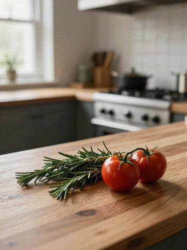 Close-up environmental shot of a cozy Scandinavian-style restaurant kitchen, warm natural light coming from a window, fresh rosemary and tomatoes on a wooden counter, blurred background