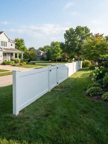 Wide panoramic shot of a newly installed, crisp white vinyl fence line defining a suburban property boundary under bright morning daylight, clean lines, sharp focus, natural colors, 35mm lens.