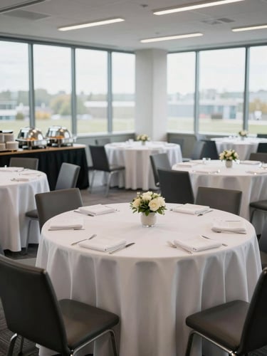 Wide environmental shot of a corporate event room fully set for service — round tables with white linen, centrepieces, stacked service plates at buffet station on the left, clean daylight through floor-to-ceiling windows, no guests, no staff, emphasising operational readiness