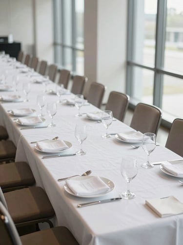 Wide shot of a fully laid corporate event table from above, white linen, polished glassware, and precisely arranged place settings under clean daylight from tall windows, no guests present, empty chairs showing operational readiness