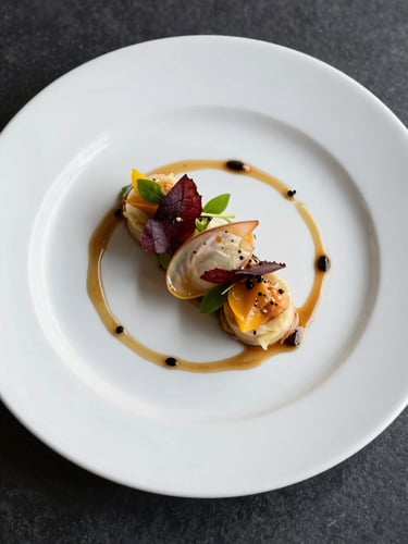 Overhead close-up of a professionally plated starter course on a white round plate, precise sauce placement visible, clean daylight studio lighting, dark slate surface beneath, no hands or people in frame