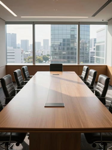 Meticulously arranged corporate boardroom in Tokyo, natural daylight streaming through large windows, minimalist wooden table, formal leather chairs, high-contrast clean aesthetic.