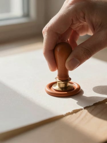 Macro shot of hands pressing a warm terracotta wax seal onto deckled edge paper, soft morning window light, shallow depth of field