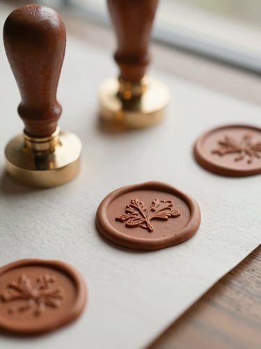 Macro details of hand-pressed terracotta wax seals on deckled edge paper, soft morning window light, shallow depth of field, warm wedding editorial style