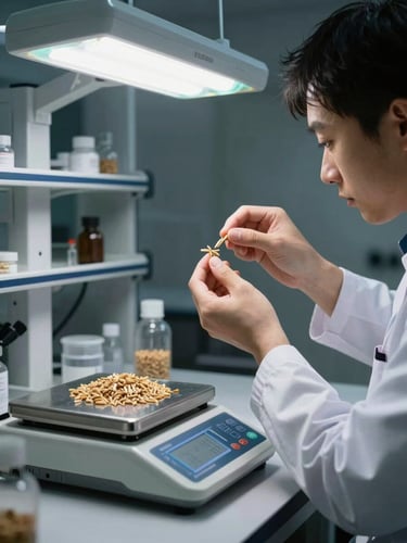 A high-contrast laboratory setup, a technician testing agricultural grain samples under white fluorescent light, precise digital scales.