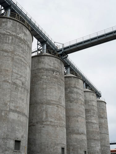 Wide angle shot of massive concrete grain silos under an overcast industrial sky, heavy steel conveyor pipes cutting diagonally across the frame.