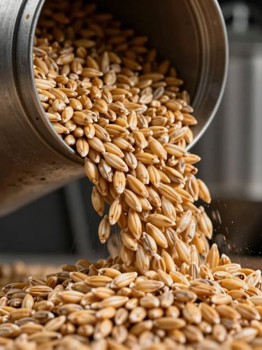 Extreme macro shot of golden feed barley pouring into an industrial silo, high-contrast lighting highlighting the texture and purity of the grain.