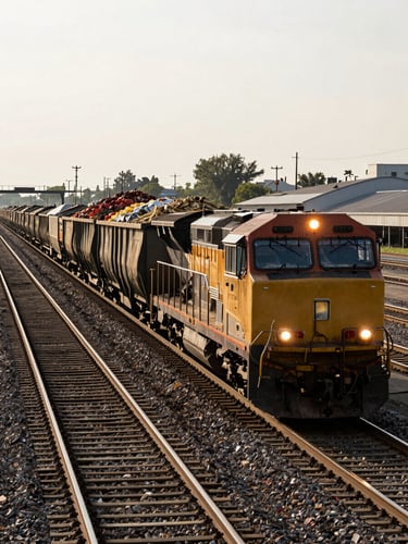 Wide panoramic shot of a heavy freight train loaded with bulk agricultural commodities moving through an industrial railhead, deep charcoal shadows and safety amber warning lights.