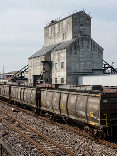 Wide panoramic industrial railhead with bulk hopper cars lined up under overcast daylight, massive concrete grain elevators in the background, high contrast.