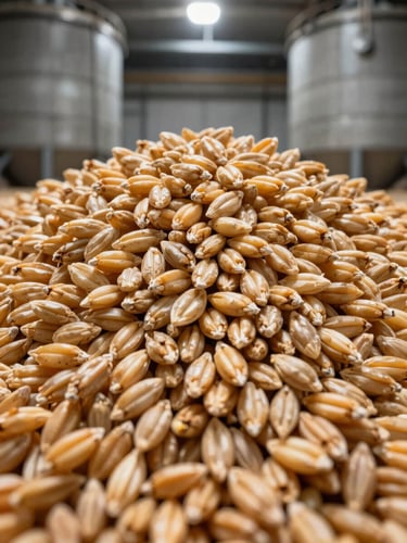 Extreme close-up of golden bulk feed barley grains piled high inside an industrial concrete silo, sharp overhead lighting.