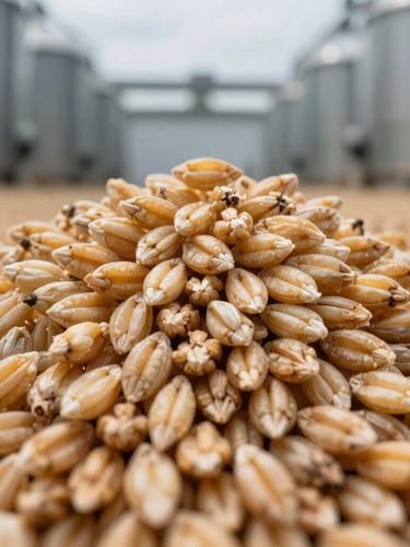 Macro close-up of golden barley grains piled high inside an industrial storage bay, sharp focus on grain texture, cool overcast lighting