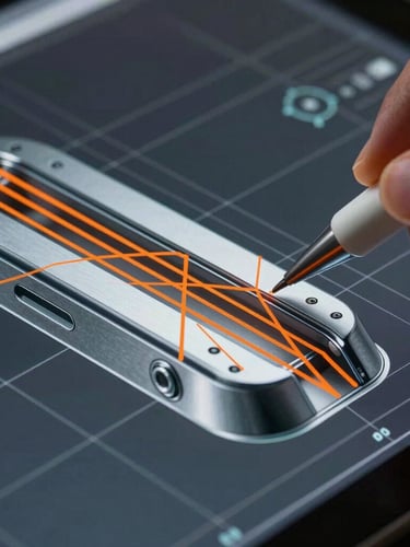 Extreme close-up of a digital stylus drawing on a pressure-sensitive screen, displaying sharp orange vector lines instantly rendering into a cool-toned metallic industrial product design with technical CAD grid overlays.