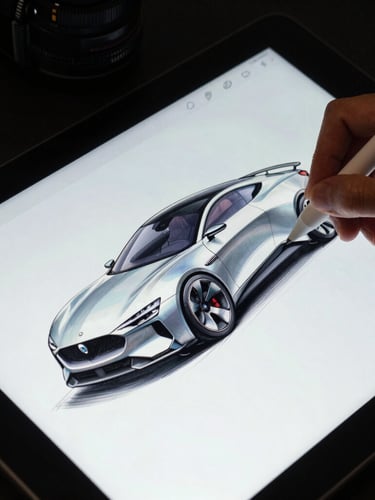 Macro shot of a high-end digital drawing tablet screen in a dark studio. Cool screen-glow illuminates a hand sketching an automotive concept, showing real-time material textures rendering under the stylus tip.