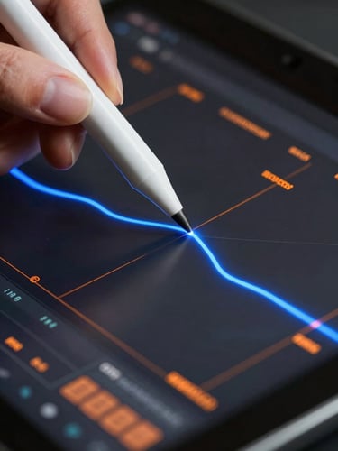 Extreme close-up macro shot of a drawing tablet screen. A stylus tip makes contact with a glowing blue vector line, showing orange real-time rendering calculations and technical UI coordinates overlaying a dark studio background.