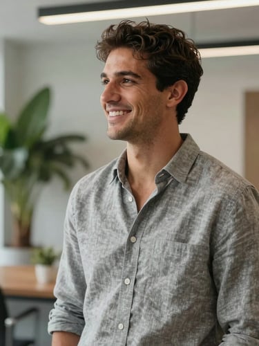 Retrato natural de Milton Hernández con camisa gris de lino arremangada, sonriendo de medio lado en una oficina moderna y luminosa con plantas al fondo