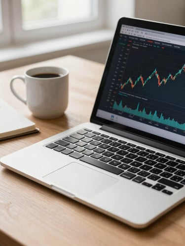 Close-up of a clean modern workspace with a laptop displaying financial charts, a ceramic coffee mug, and a notebook on a light oak desk, soft morning window light.