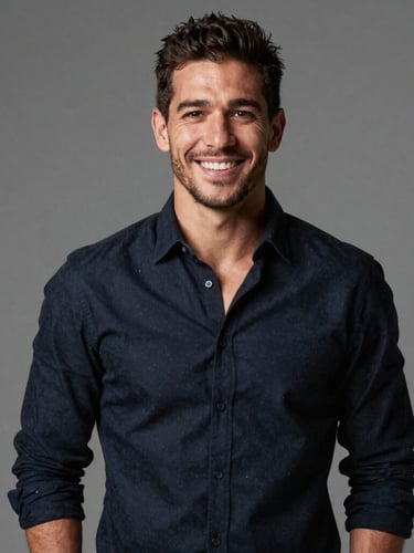 Retrato profesional de Milton Hernández con camisa oscura de mangas arremangadas, sonriendo de forma natural en un estudio luminoso con fondo gris neutro.