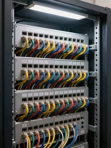 Environmental close-up of structured cable management runs inside an open rack cabinet, labeled patch panels and color-coded cables organized in tight horizontal channels, operational fluorescent lighting overhead, no technicians present, sharp focus on connection points