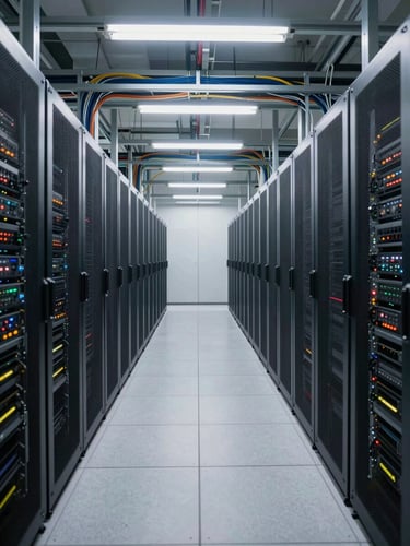 Wide environmental shot of an active data center floor, rows of equipment racks stretching toward the back wall under operational LED strip lighting, cable management trays visible overhead, no people, existing facility fluorescent and LED light, slight cool color temperature, framed from the end of a main aisle showing depth and scale