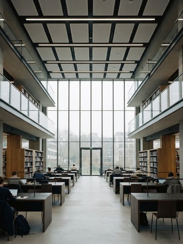 Symmetrical architectural shot of a modern university library interior, soft diffused overcast daylight, quiet study spaces, 35mm
