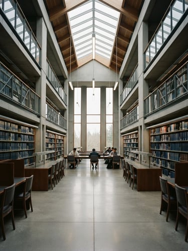 Symmetrical architectural shot of a quiet modern university library interior, soft diffused overcast daylight, slate tones, 35mm