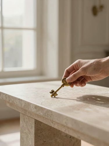 Close-up of hands placing brass keys on a pristine stone console table, soft morning daylight, elegant luxury home interior