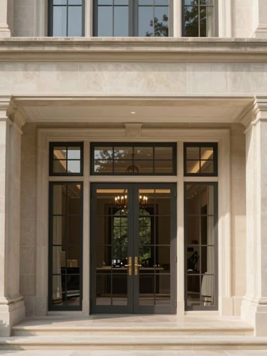 Warm editorial photography of a premium stone villa entrance, soft natural window light, muted elegant tones, architectural symmetry, high-end interior design, 35mm